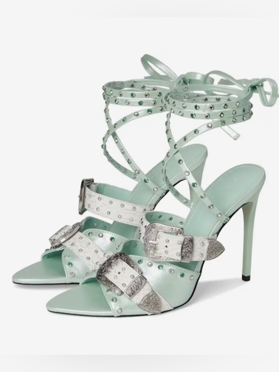 STEVE MADDEN Shoes - NEW STEVE MADDEN STUDDED METAL BUCKLE ANKLE WRAP STILETTOS IN MINT